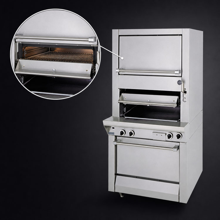 Product image #4 for Garland Master Series Heavy-Duty Upright Gas Broiler with Single Infrared Deck, Upper Warming Oven, and Storage Cabinet Base
