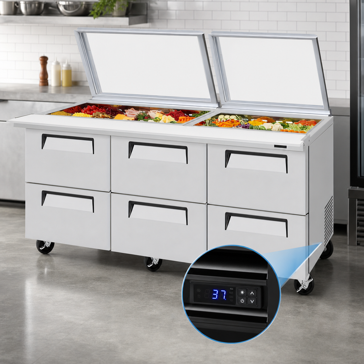 Product image #4 for Turbo Air Super Deluxe Three-Section Mega Top Sandwich/Salad Prep Table with Glass Lid, 30-Pan Top, 6 Drawers
