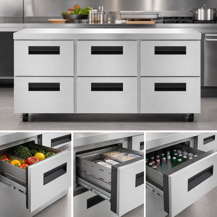Product image #4 for Hoshizaki Steelheart 72-Inch Low-Profile Three-Section Undercounter Refrigerator with Six Drawers