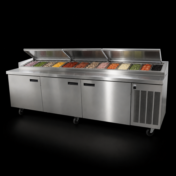 Product image #4 for Delfield 114-Inch Three-Section Refrigerated Pizza Prep Table, 30.9 Cu. Ft., Stainless Steel Top, 14 Third-Size Pan Capacity, Side-Mounted R290 Refrigeration