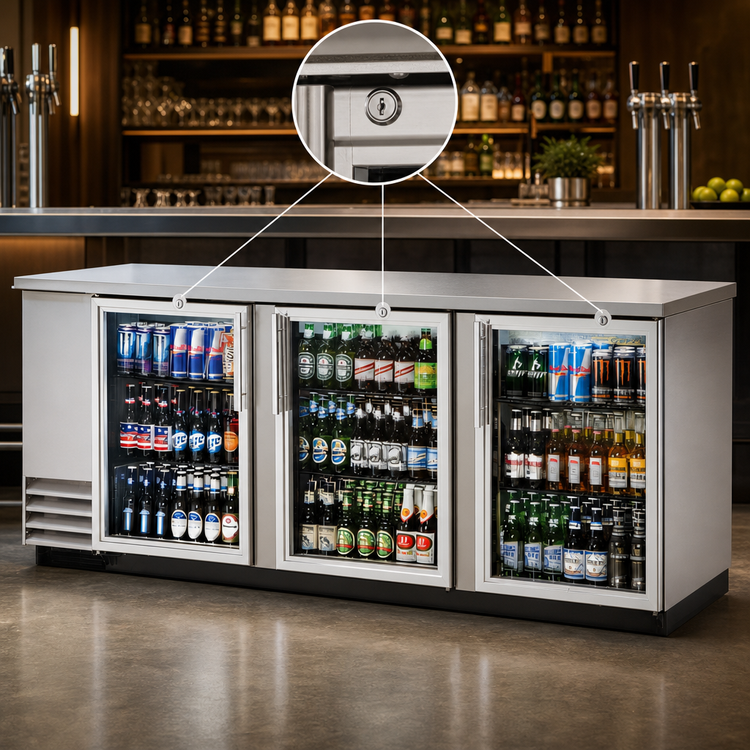 Product image #4 for Self-Contained Three-Section Back Bar Cooler with Locking Glass Doors, 90-3/8-Inch Wide, Stainless Steel Top