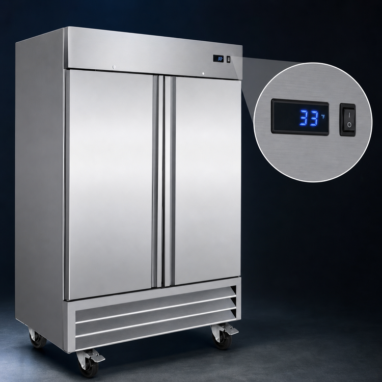 Product image #4 for Serv-Ware 2 Door 35 Cu. Ft. Stainless Steel Reach-In Refrigerator, Bottom-Mounted Compressor
