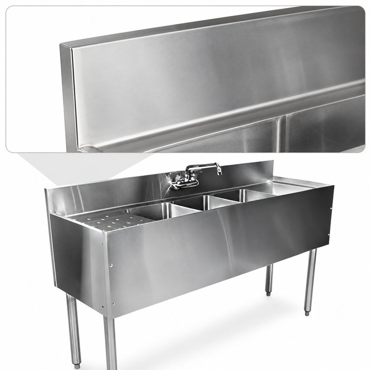 Product image #4 for CHOICE by Glastender Four-Compartment Stainless Steel Underbar Sink Unit with Deck-Mounted Faucet, 48 Inch W x 24 Inch D