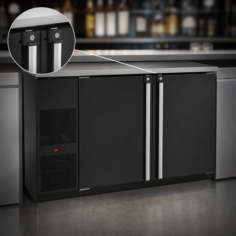 Product image #4 for Pro-Line E-Series Two-Section Refrigerated Back Bar Cabinet, 59-1/2 Inch Wide, Self-Contained, Solid Doors