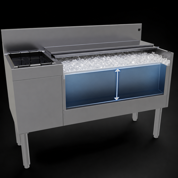 Product image #4 for Glastender Extra Deep Underbar Ice Bin/Cocktail Unit with 10-Circuit Cold Plate and Left Bottle Well Storage, 48 Inch
