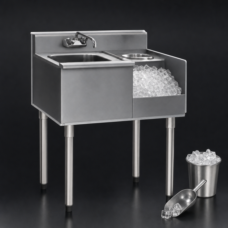 Product image #4 for Eagle 1800 Series Underbar Ice Bin/Cocktail Station with 7-Circuit Cold Plate, Blender Recess, Right-Side Ice Bin, 36"W x 20"D
