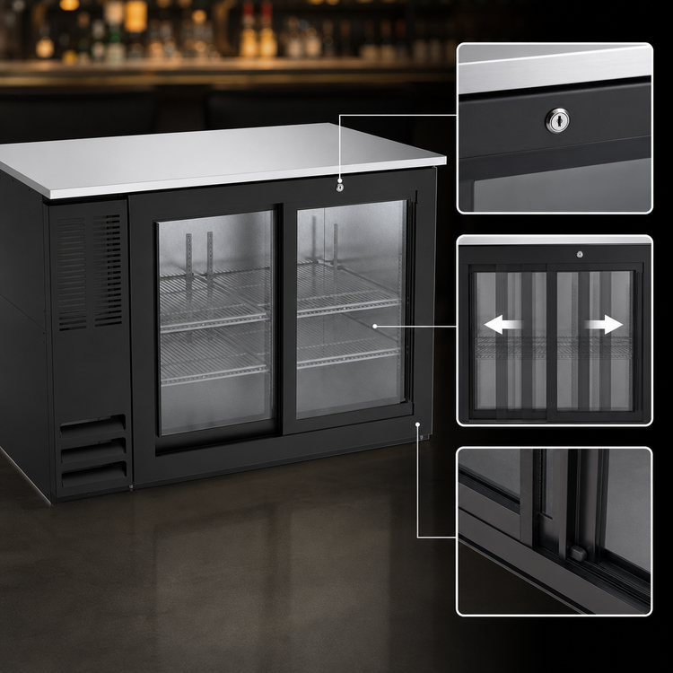 Product image #4 for Beverage-Air Food-Rated 48-Inch Back Bar Refrigerator with Sliding Glass Doors, Black, Stainless Steel Top, 15.1 Cu. Ft.