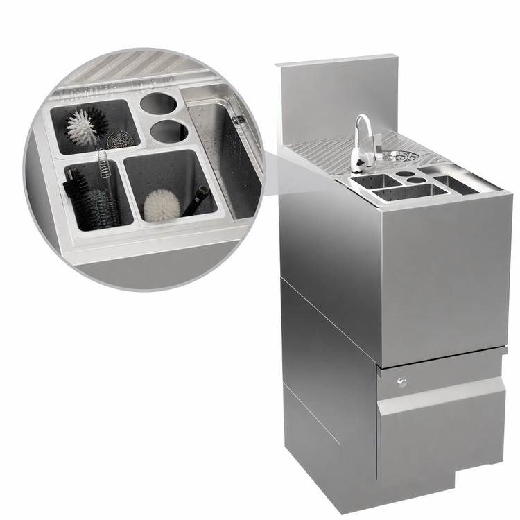Product image #4 for Krowne Alchemy Series 12-Inch Underbar Tool Caddy with Glass Rinser Faucet, 4 Wet Bins and Dry Bin