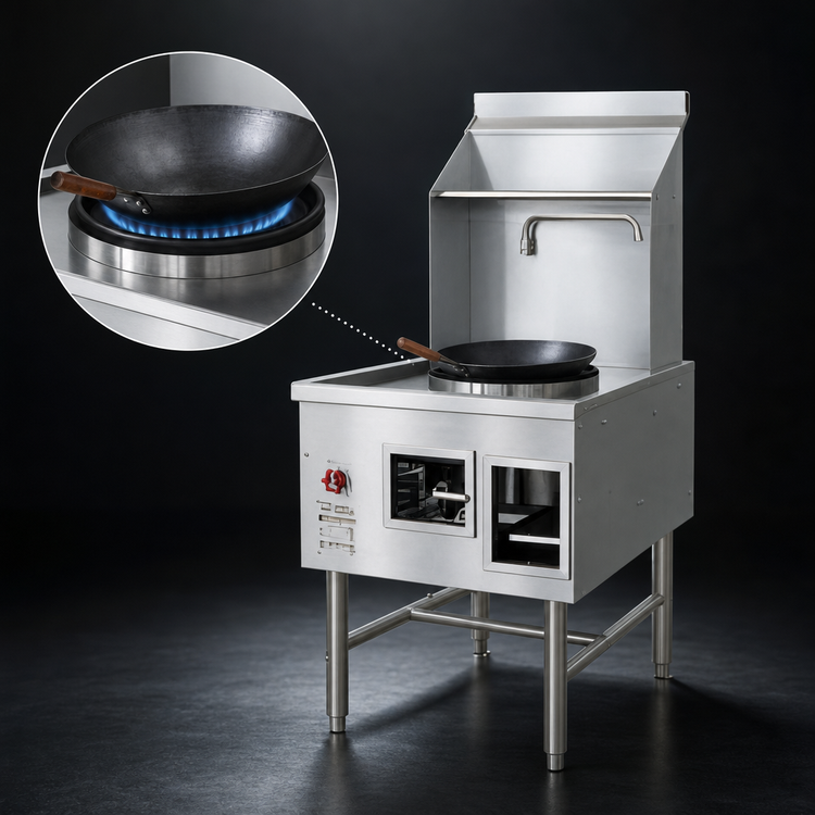 Product image #4 for Omcan USA Single Chamber Natural Gas Wok Range with 16-Inch Ring, Faucet, Backsplash & Pipe Rack, 125,000 BTU