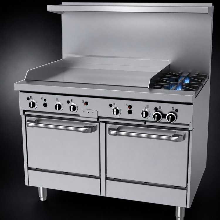 Product image #4 for Garland GF Starfire Pro 48-Inch Gas Restaurant Range with Flame Failure, 2 Open Burners, 36-Inch Thermostatic Griddle, and 2 Space-Saver Ovens
