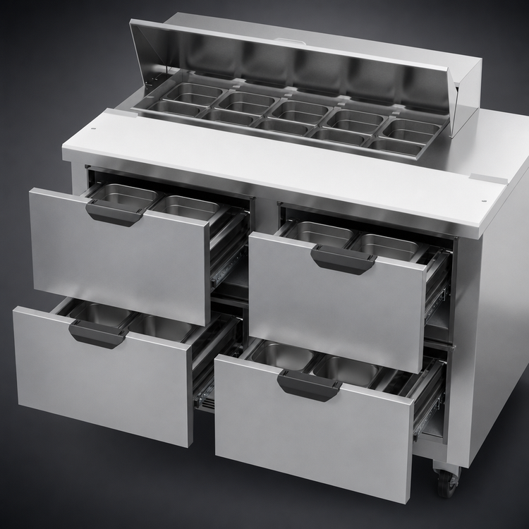 Product image #5 for Beverage-Air SPED48HC-10-4 48-Inch Two-Section Sandwich Top Refrigerated Prep Table with 4 Drawers
