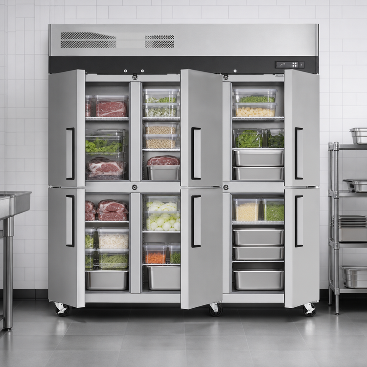 Product image #4 for Turbo Air M3 Three-Section Reach-In Freezer, 65.6 Cu. Ft., Six Half-Hinged Solid Doors, Top-Mount Self-Contained, Stainless Steel