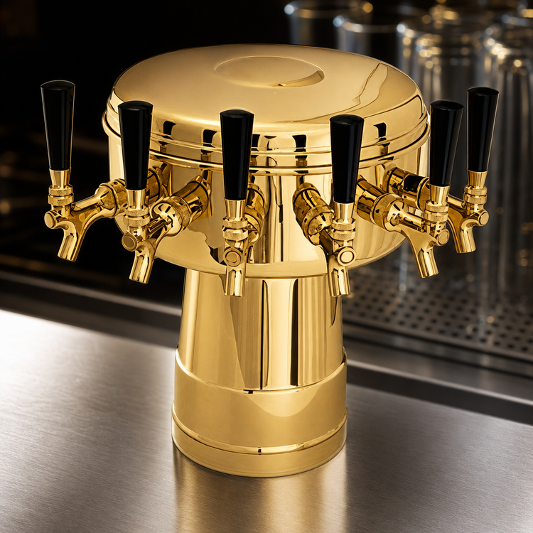 Product image #4 for Glastender Single-Column Mushroom Draft Dispensing Tower, 6 Faucets, Polished Brass, Glycol Cooled