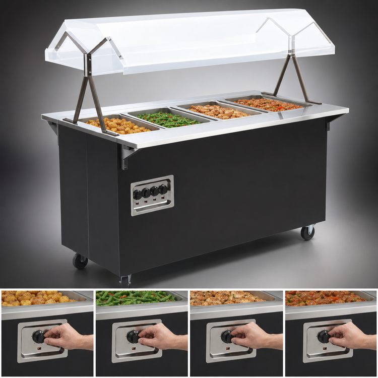 Product image #4 for Vollrath 2-Series Affordable Portable 4-Well Mobile Hot Food Station with Lighted Buffet Breath Guard and Enclosed Storage Base