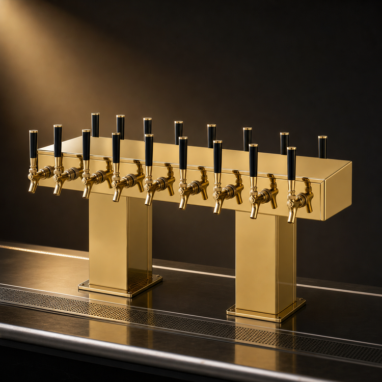 Product image #4 for Perlick Back-to-Back Bridge Tee Countertop Glycol-Cooled Draft Beer Tower with Brass Finish, 16 Faucets