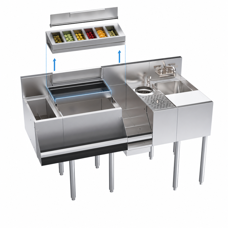 Product image #5 for Krowne Royal Series Zero-Step Speed Station with 7-Circuit Cold Plate, 54" x 24", Dump Sink & Glass Rinser
