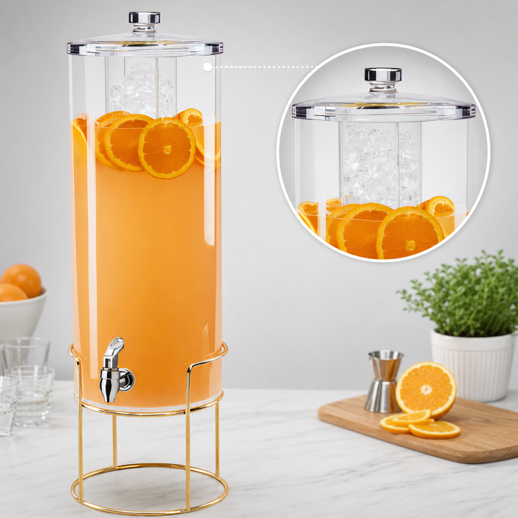 Product image #4 for Cal-Mil 5 Gallon BPA-Free Round Acrylic Beverage Dispenser with Ice Chamber and Brass Wire Base