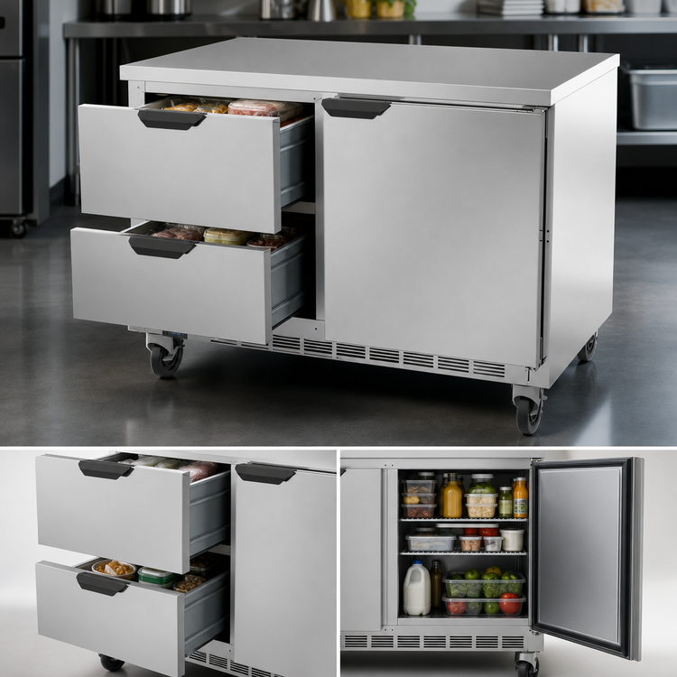 Product image #4 for Beverage-Air 48-Inch Two-Section Flat-Top Worktop Freezer with 2 Drawers and 1 Solid Door
