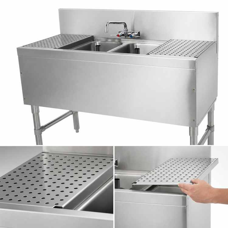 Product image #4 for Prestige 2-Compartment Stainless Steel Underbar Sink Unit with Dual Drainboards and Splash-Mount Faucet