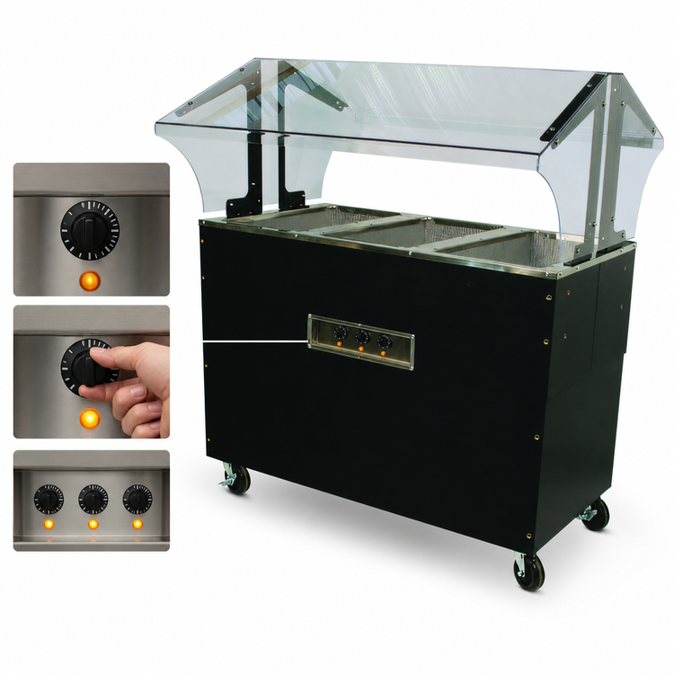 Product image #4 for Advance Tabco Triumph (Supreme) Portable Electric Open Well Hot Food Buffet Table with 3 Wells, Double-Sided Sneeze Guard, 208/240V