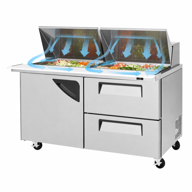 Product image #4 for Turbo Air Super Deluxe 60-1/4-Inch Two-Section Mega Top Sandwich/Salad Prep Table with 1 Door and 2 Drawers