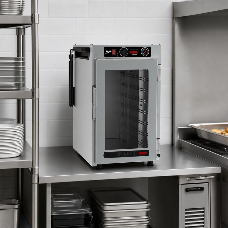 Product image #5 for Metro HotBlox Narrow 8-Pan Pass-Thru Insulated Holding Cabinet, Countertop/Stacking, Analog, Clear Front Door, Solid Rear Door, 120V