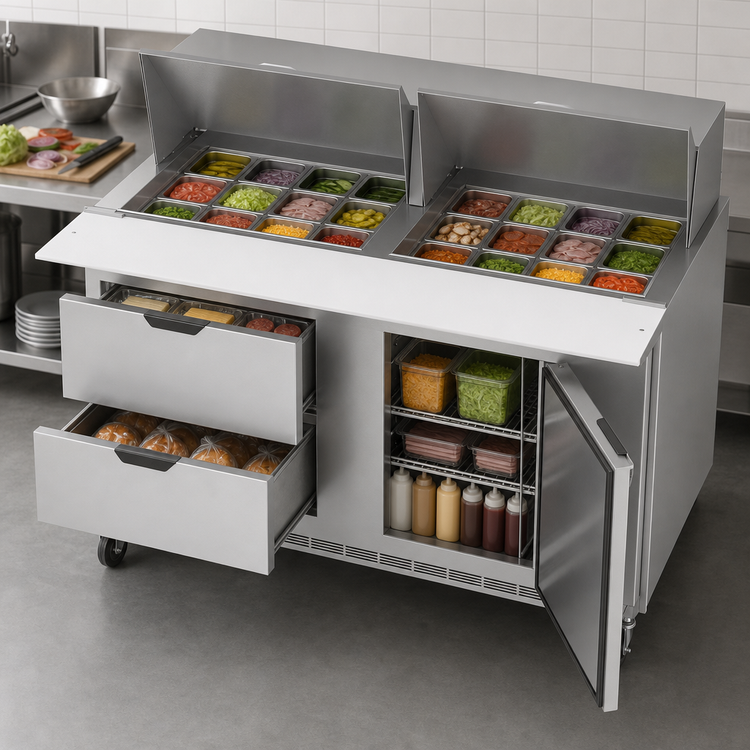 Product image #5 for Beverage-Air 60-Inch Mega Top Refrigerated Sandwich Prep Table with 24-Pan Rail, 2 Drawers, and 1 Door