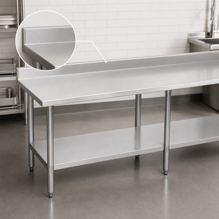 Product image #4 for Eagle Group Budget Series 144" x 36" Work Table with 430 Stainless Steel Top, 4-1/2" Backsplash, and Adjustable Undershelf