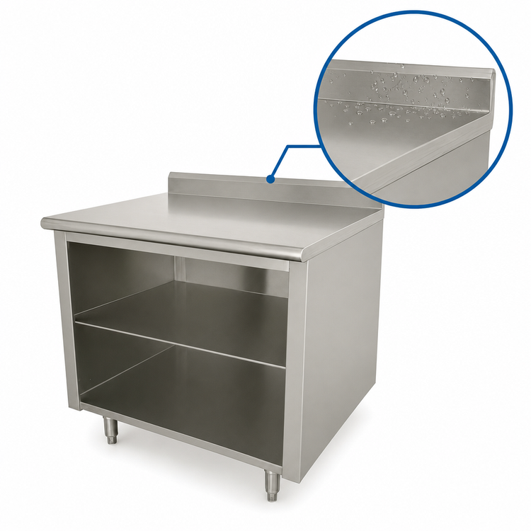 Product image #4 for Advance Tabco 48-Inch x 36-Inch Work Table with Open Front Cabinet Base, Mid-Shelf, 14 Gauge 304 Stainless Steel Top, and 5-Inch Backsplash