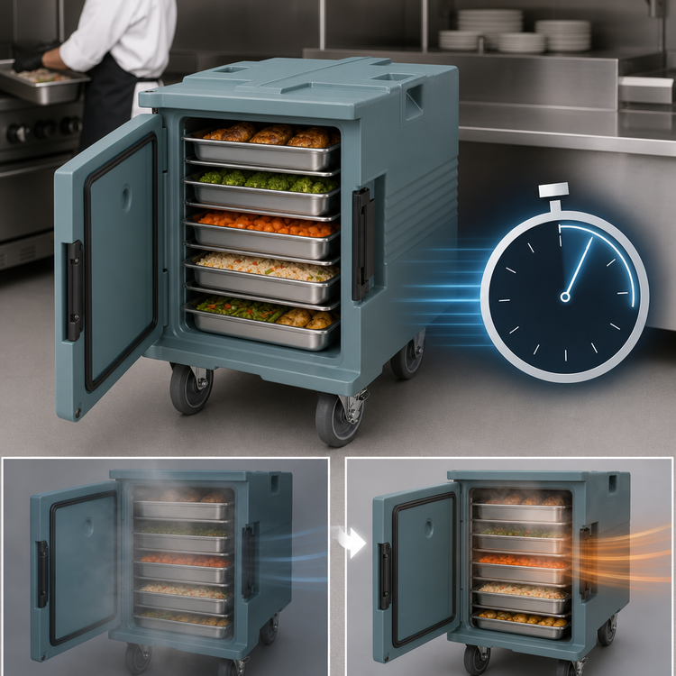 Product image #5 for Cambro Ultra Pan Carrier Heated Front-Loading Food Carrier With Casters, 1 Compartment, 6-Pan Capacity, 110V, Slate Blue