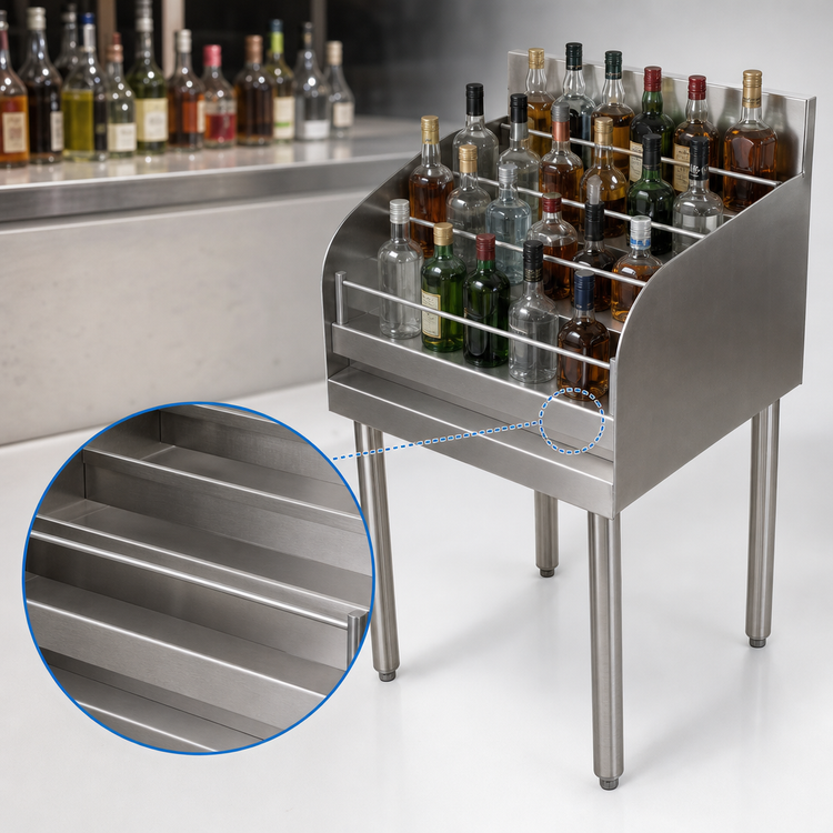 Product image #5 for 4-Step Stainless Steel Underbar Liquor Bottle Display, 24 Inch Wide x 18-1/4 Inch Deep, 27-Bottle Capacity