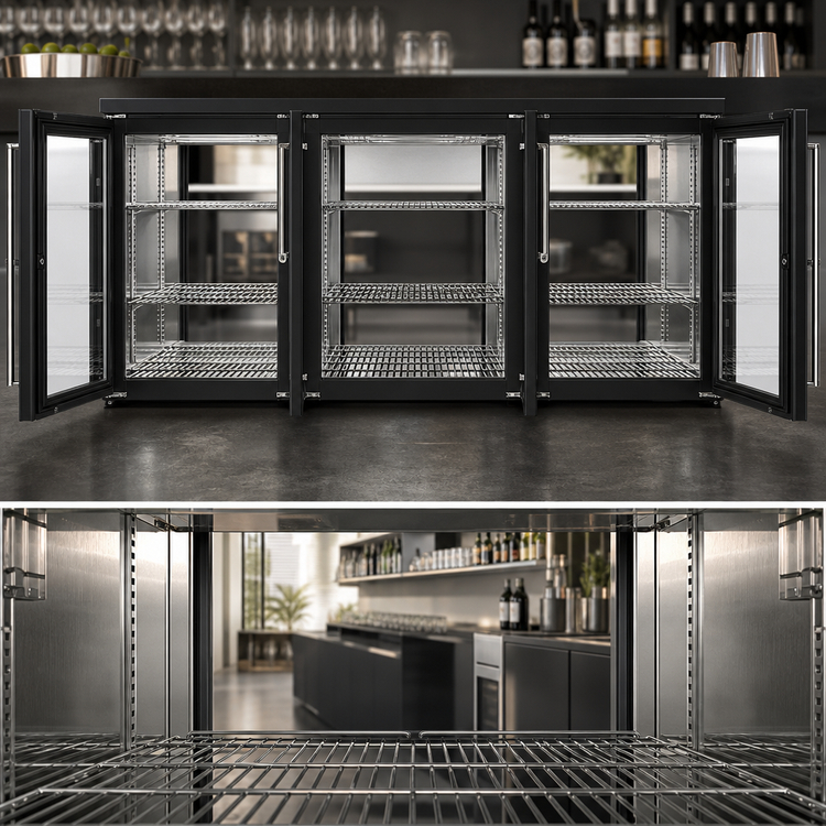 Product image #5 for Perlick PTR72 72-Inch Three-Section Remote Pass-Thru Back Bar Refrigerator with 6 Hinged Solid Doors, Black Exterior