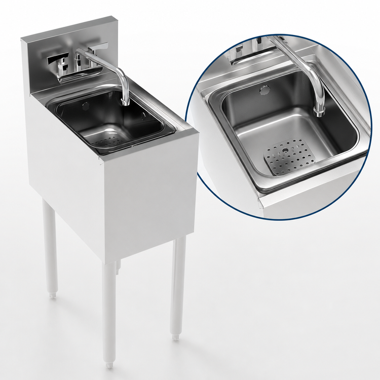 Product image #4 for Krowne Royal Series Freestanding 12-Inch Stainless Steel Underbar Dump Sink with Single Compartment, Faucet, and Perforated Basket