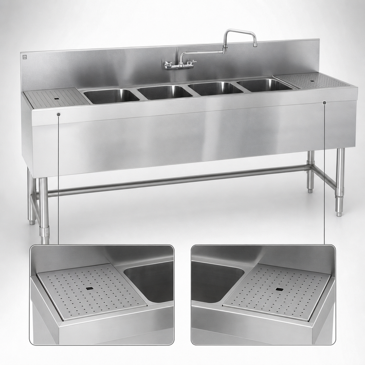 Product image #4 for Eagle Spec-Bar 4-Compartment Underbar Sink Unit with Left and Right Drainboards, 72-Inch Long x 24-Inch Deep