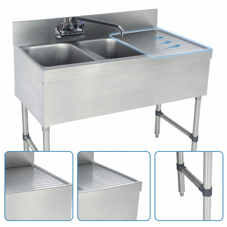 Product image #4 for Advance Tabco Special Value Series 48-Inch 2-Compartment Stainless Steel Underbar Bar Sink with Right Drainboard and Splash-Mount Faucet
