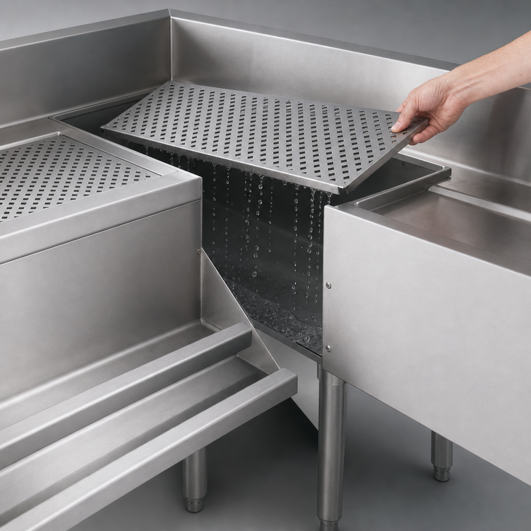 Product image #4 for Advance Tabco Prestige 90° Freestanding Stainless Steel Corner Drainboard Filler, 30" Left x 35" Right
