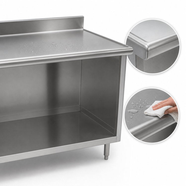 Product image #4 for Eagle Spec-Master Marine Series 96-Inch x 30-Inch 14-Gauge 304 Stainless Steel Work Table with Open Front Cabinet Base and 1-1/2-Inch Rear Up-Turn