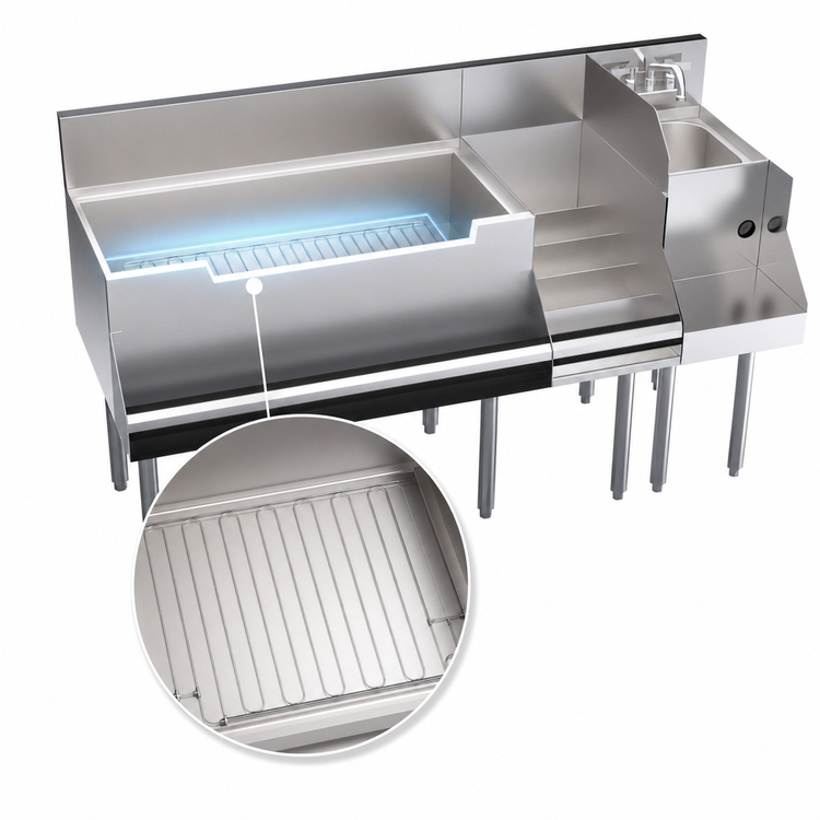Product image #5 for Krowne Royal Series 60-Inch Underbar Ice Bin/Cocktail Station with 36-Inch Center Ice Bin, 10-Circuit Cold Plate, Blender Sink, and Liquor Display