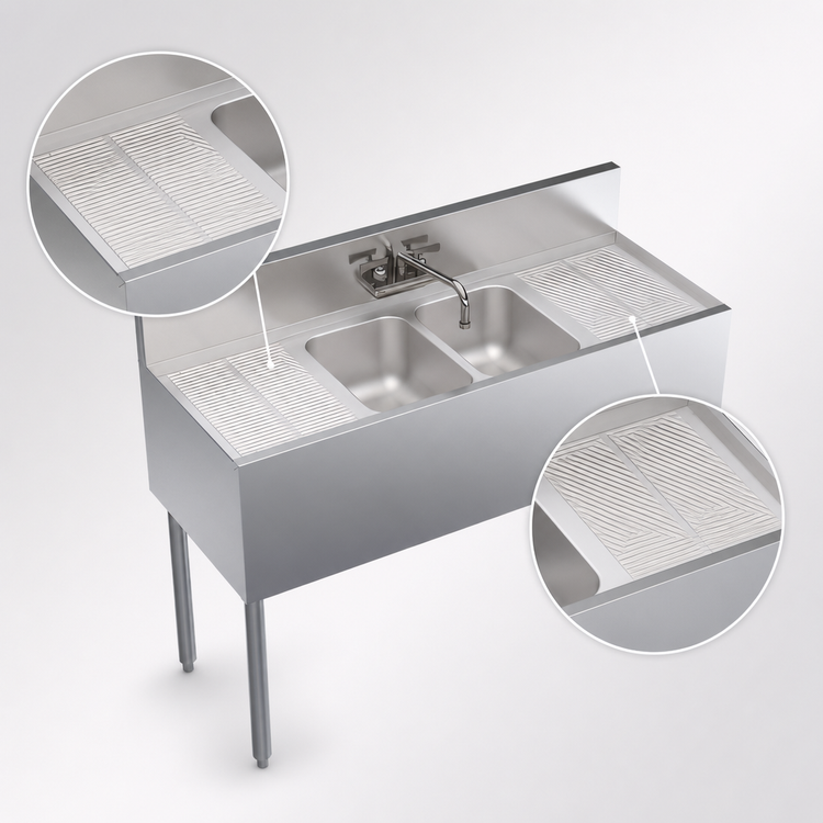 Product image #4 for Krowne Royal Series 48-Inch Wide Stainless Steel Two-Compartment Underbar Sink Unit with Faucet and Dual Drainboards