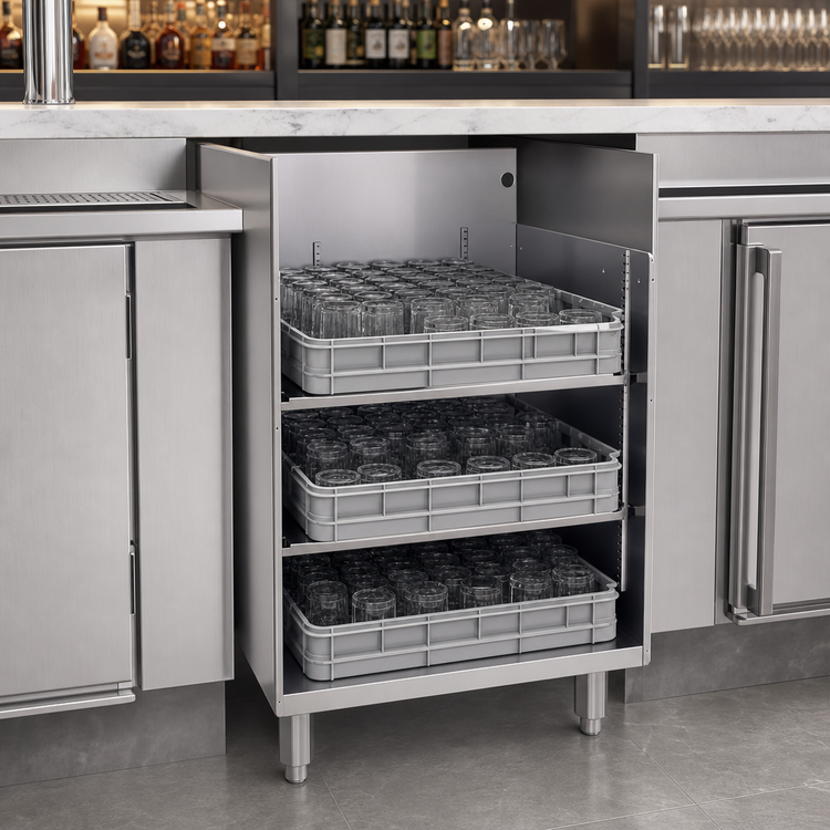 Product image #4 for Glastender Underbar Stainless Steel Glass Rack Storage Unit, Open Top, 18"W x 19"D, Holds 3 Racks