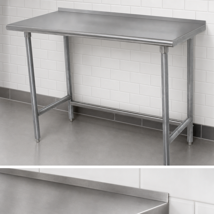 Product image #4 for Advance Tabco Premium Series Open Base Work Table, 108 x 30 Inches, 14-Gauge 304 Stainless Steel Top, 1-1/2 Inch Rear Splash, Galvanized Legs