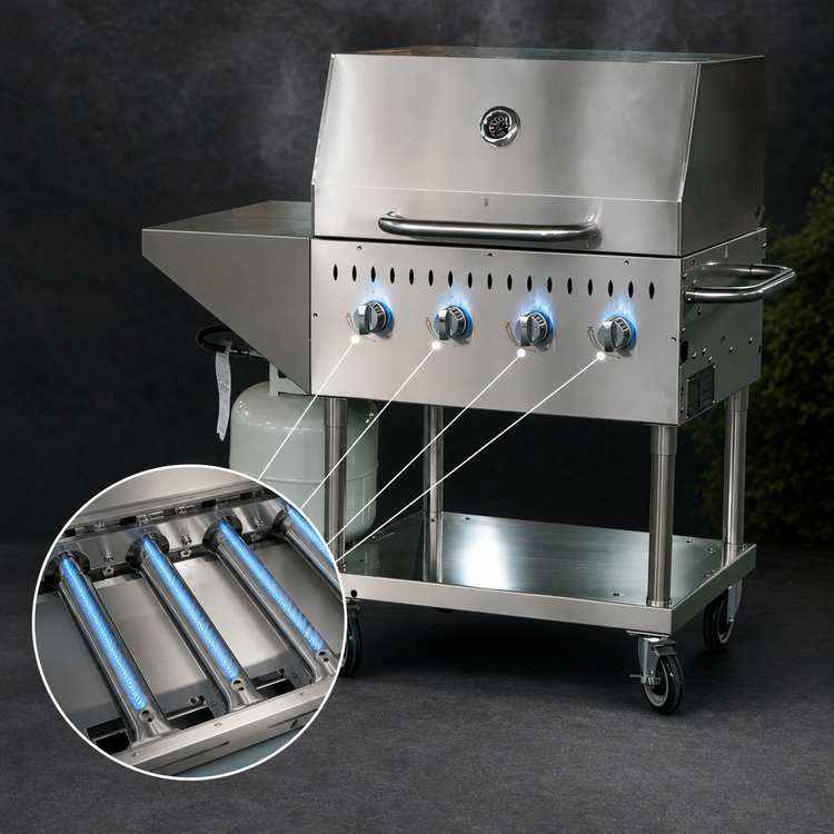 Product image #4 for Omcan Mobile 4-Burner Stainless Steel Outdoor Propane BBQ Charbroiler