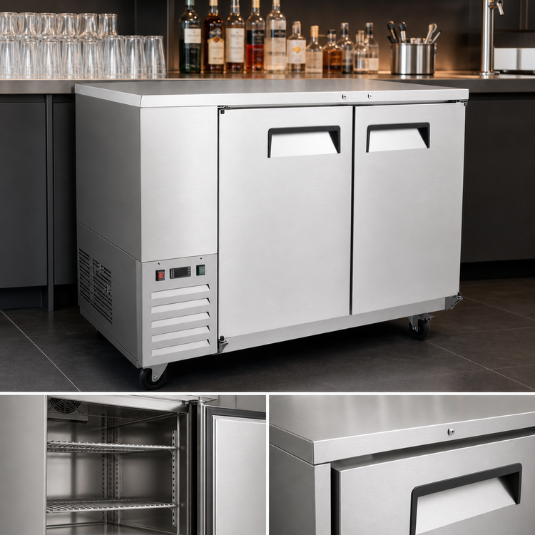 Product image #4 for Atosa Shallow Depth Two-Section Back Bar Cooler with Locking Solid Doors, 48 Inch, 11.5 Cu. Ft.