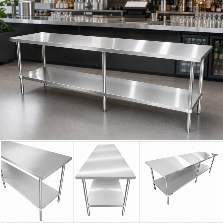 Product image #4 for Sapphire 108 Inch x 18 Inch Stainless Steel Work Table with Undershelf, 16 Gauge 304 Top