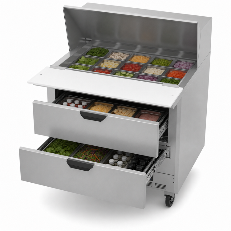 Product image #5 for Beverage-Air 36-Inch One-Section Mega Top Refrigerated Prep Table, 15-Pan Top, 2 Drawers