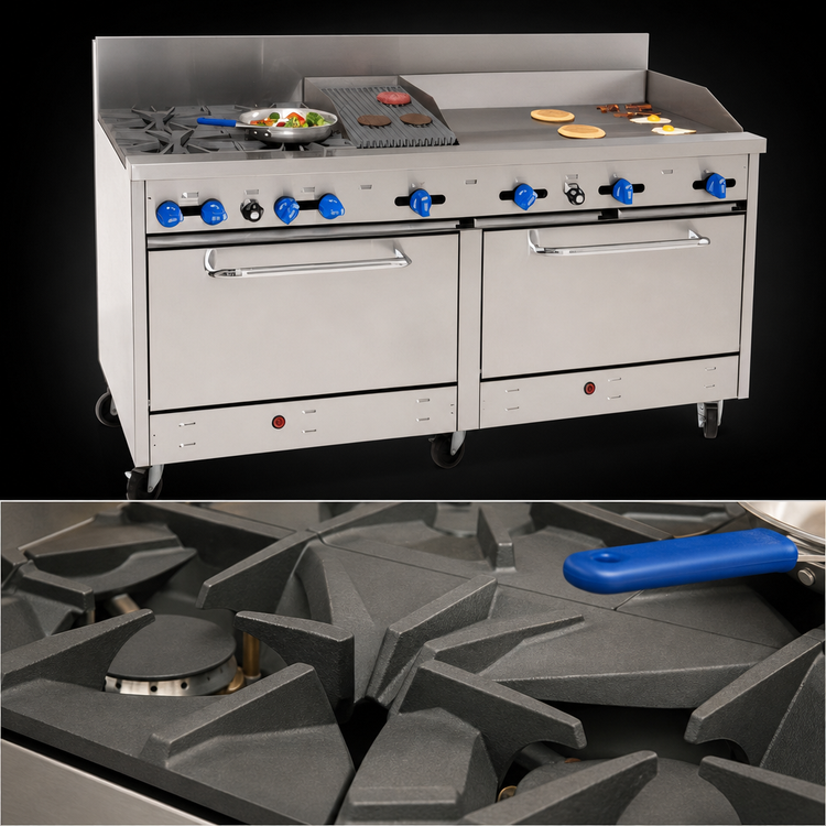 Product image #4 for Comstock-Castle 72-Inch Commercial Gas Range with 4 Open Burners, 36-Inch Griddle, 12-Inch Char-Broiler, and 2 Ovens