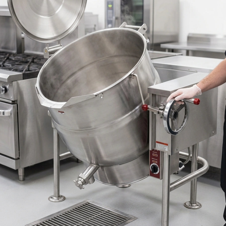 Experience safe and controlled pouring with the effortless self-locking crank tilt mechanism of this 80-gallon electric kettle.