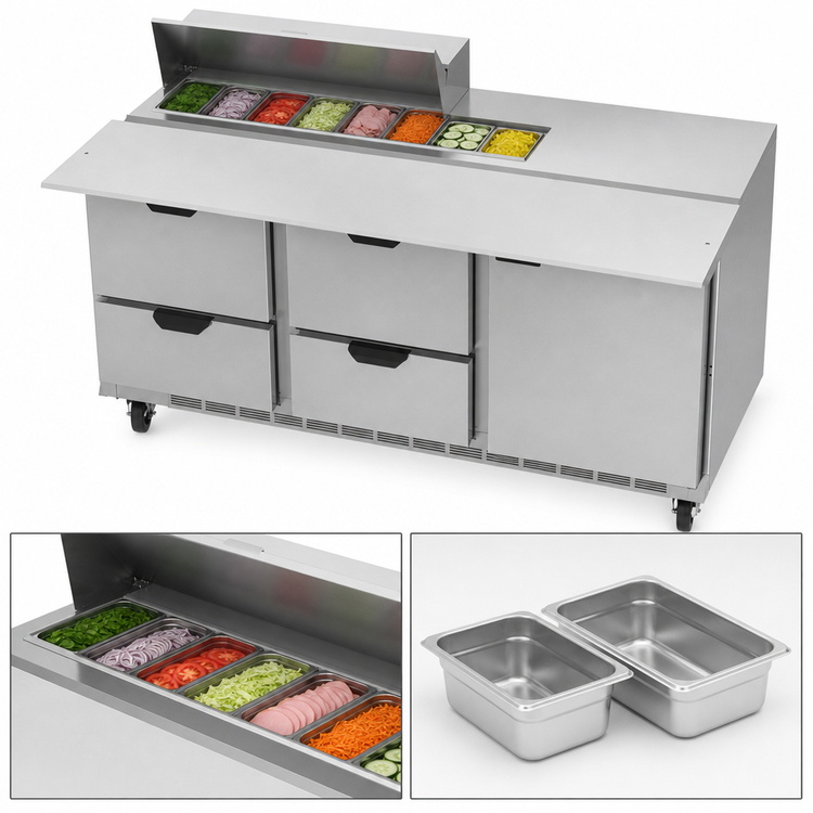 Product image #5 for Beverage Air 72-Inch Three-Section Sandwich Top Refrigerated Prep Table with 4 Drawers, 1 Door, and 8-Pan Top