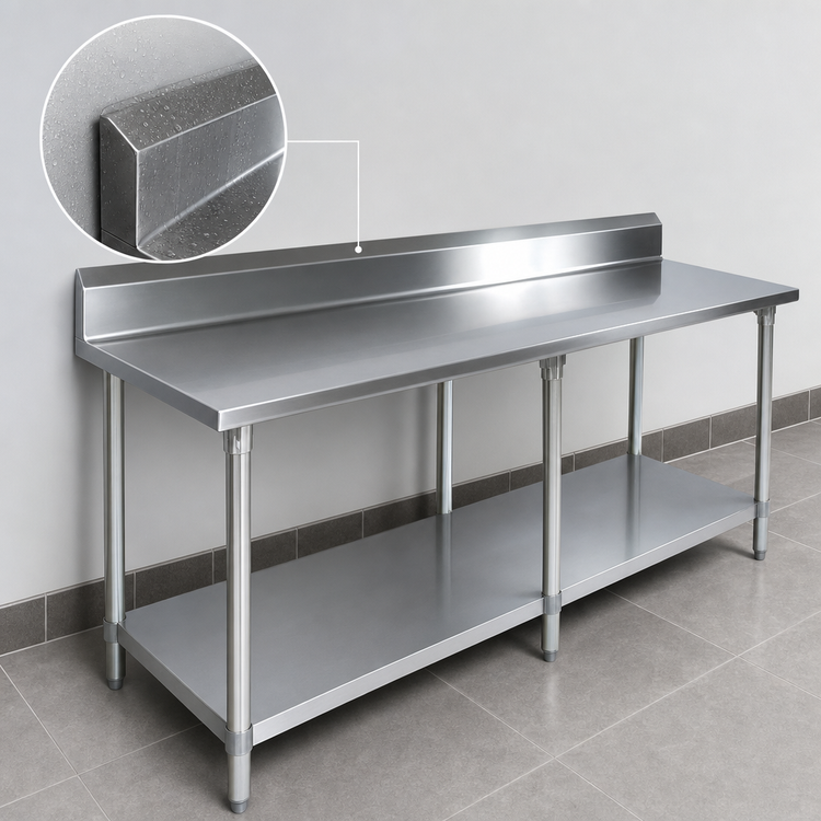 Product image #4 for BK Resources 84" x 24" 18/430 Stainless Steel Work Table with 5" Backsplash, Galvanized Legs and Undershelf