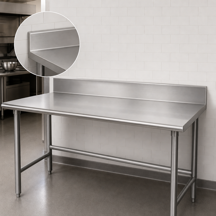 Product image #4 for Advance Tabco 144-Inch x 24-Inch 14-Gauge 304 Stainless Steel Work Table with 5-Inch Backsplash and Galvanized Base